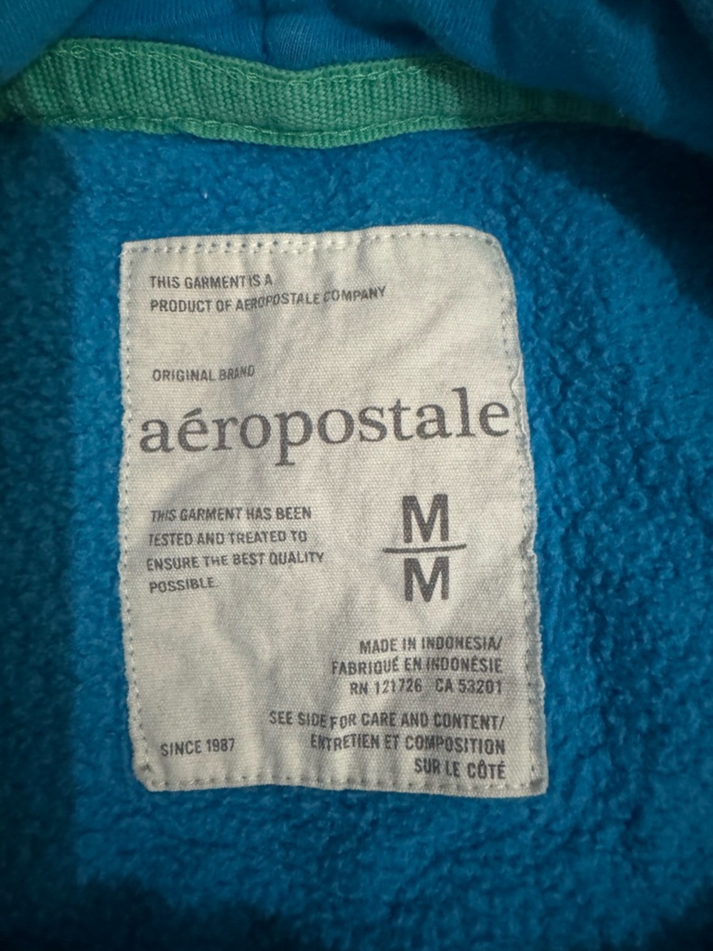 Aeropostale Bright Teal Blue Fleece Hoodie Interior - Picture 3 of 3